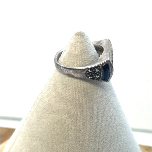 Vintage 925 Sterling Silver Art Deco Marcasite Onyx Ring Sz 8 Tramp Art Nouveau - Picture 4 of 6